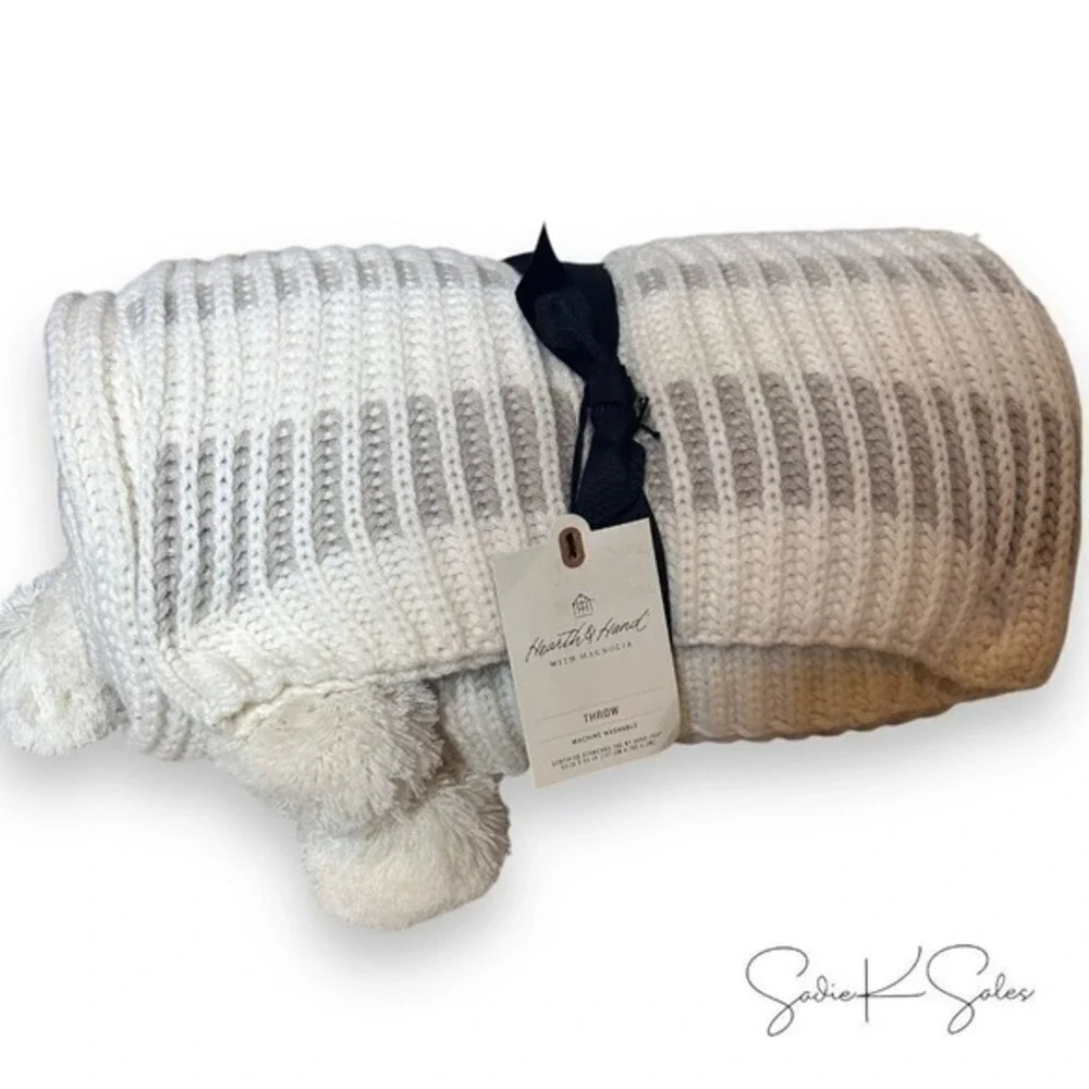 Border Stripe Rib Knit‎ Throw Blanket Beige - Hearth & Hand Magnolia, Target